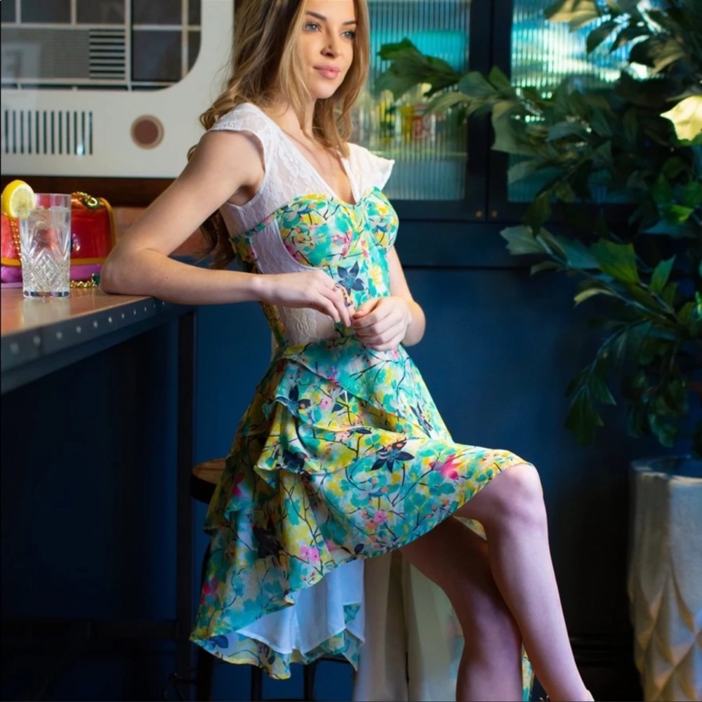 Corset Story Tropical print mesh panelled corset dress